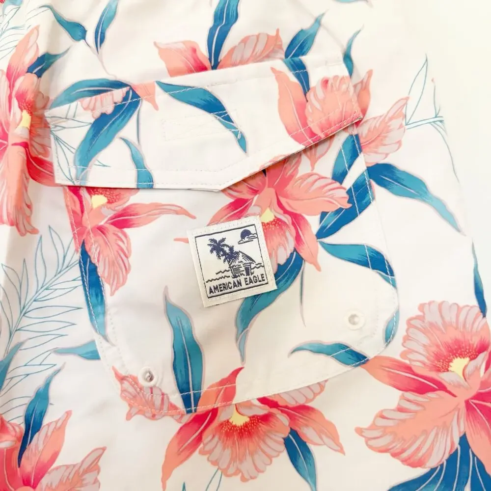 American Eagle White Floral Bathing Suit Swim Trunks Sz S